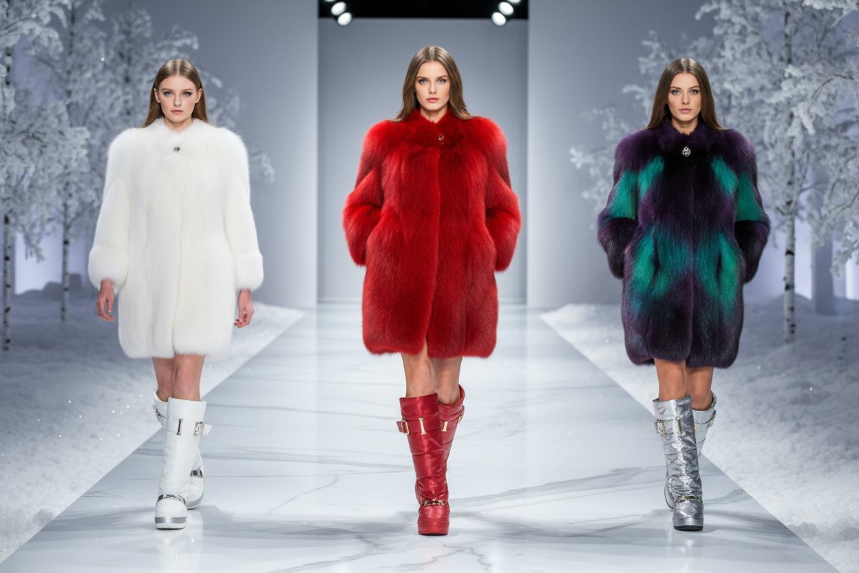Tree girls on the catwalk wearing modern 2025 FOX GENUINE luxury fur coats  Half Body long - 1 white coat, 1 red coat, 1 Northernlights fluo colors purple green blue coat - the 3 girls wear fancy matching modern chic winter snow boots - with a background  snow white