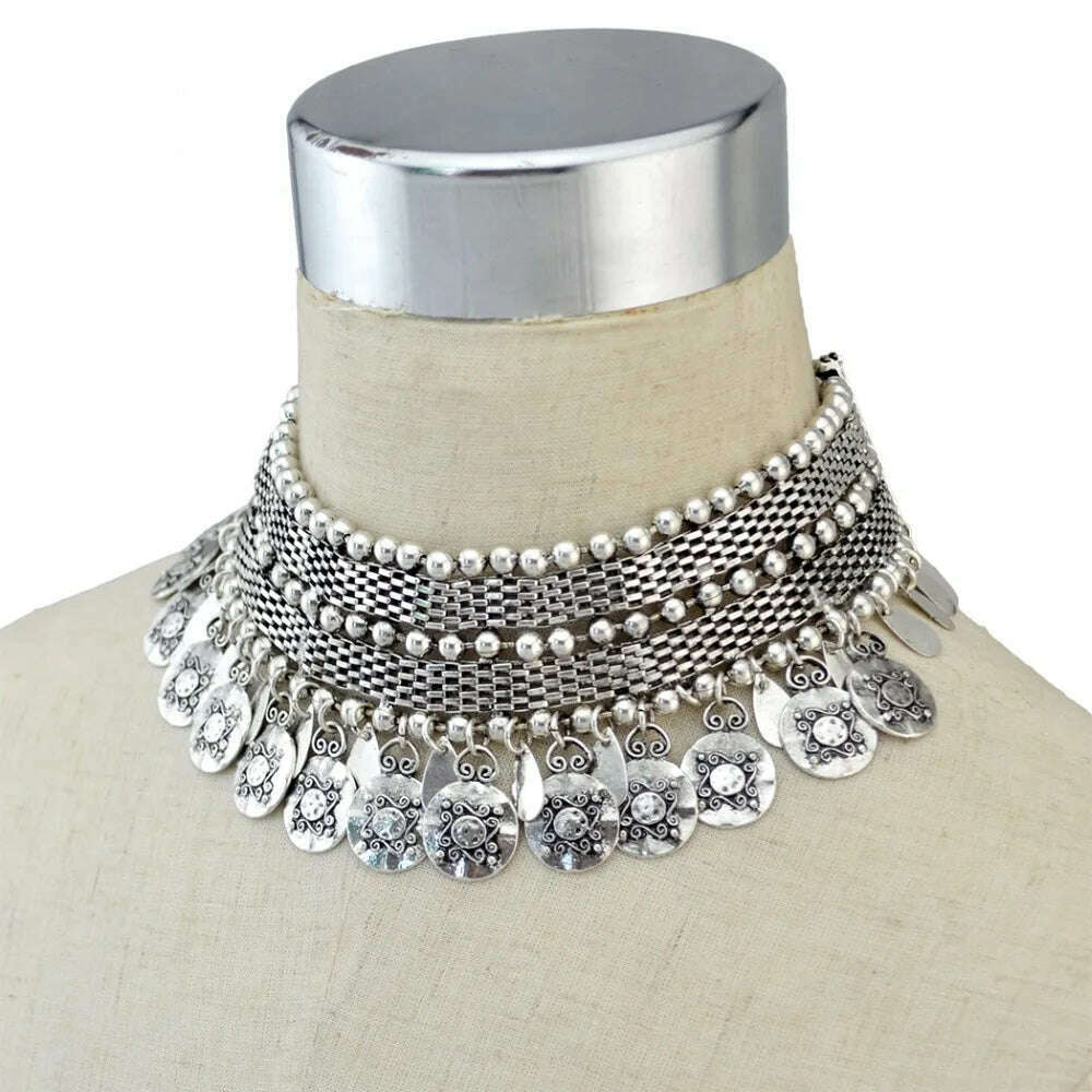 Turkish Ethnic Tribal Tibeten Coin Chunky Necklace India Oxidized Collar Choker Bib Neck Chain Afghan Gypsy Statement Jewelry
