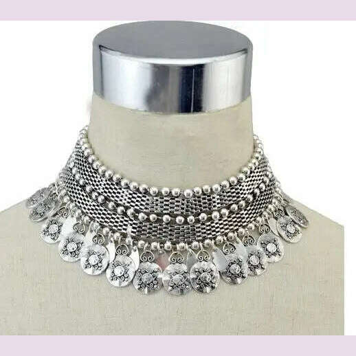 Turkish Ethnic Tribal Tibeten Coin Chunky Necklace India Oxidized Collar Choker Bib Neck Chain Afghan Gypsy Statement Jewelry