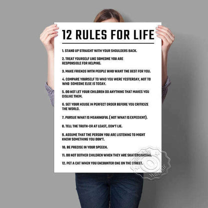 Twelve Rules Of Life Poster, Jordan Peterson 12 Principles Wall Art, Motivational Education Life White Art Prints, Teacher Gift