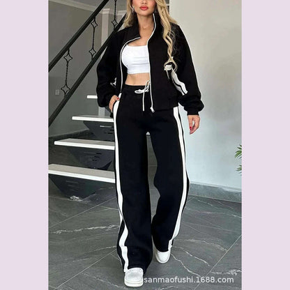 Two Piece Set Women Fashion Striped Splicing Lapel Zipper Coat High Waist Pants Outfit Autumn Winter Long Sleeve Suit Tracksuit