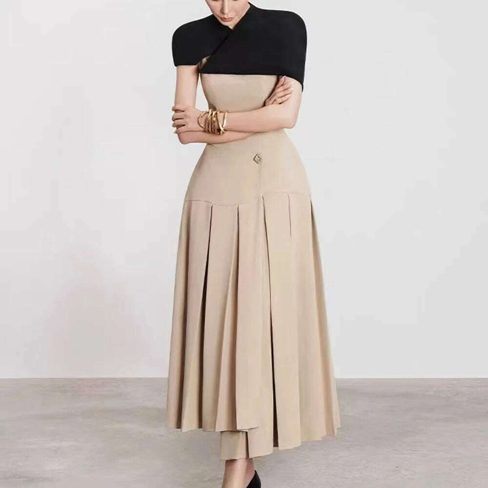 TWOTWINSTYLE Detachable Cloak Dresses For Women Square Collar Sleeveless High Waist Hit Color Patchwork Folds Dress Female New