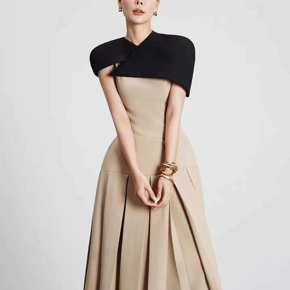 TWOTWINSTYLE Detachable Cloak Dresses For Women Square Collar Sleeveless High Waist Hit Color Patchwork Folds Dress Female New