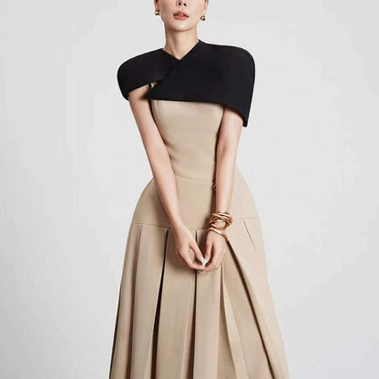TWOTWINSTYLE Detachable Cloak Dresses For Women Square Collar Sleeveless High Waist Hit Color Patchwork Folds Dress Female New