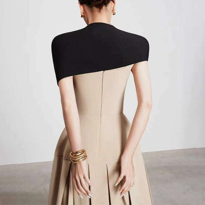 TWOTWINSTYLE Detachable Cloak Dresses For Women Square Collar Sleeveless High Waist Hit Color Patchwork Folds Dress Female New