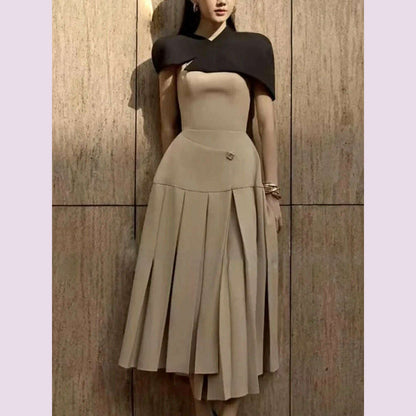 TWOTWINSTYLE Detachable Cloak Dresses For Women Square Collar Sleeveless High Waist Hit Color Patchwork Folds Dress Female New