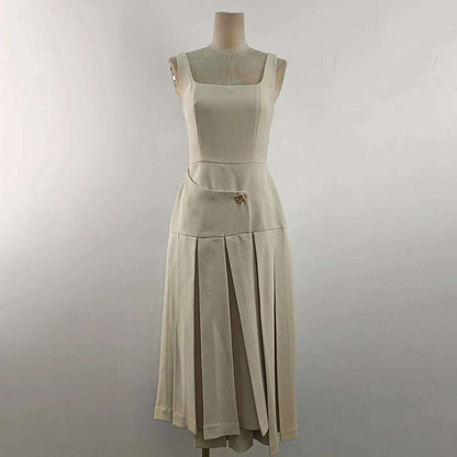 TWOTWINSTYLE Detachable Cloak Dresses For Women Square Collar Sleeveless High Waist Hit Color Patchwork Folds Dress Female New