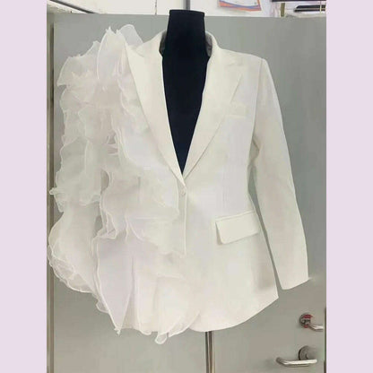 TWOTWINSTYLE Solid Spliced Ruffles Elegant Blazers For Women Long Sleeve Patchwork Button Designer Coat Female Fashion Style New