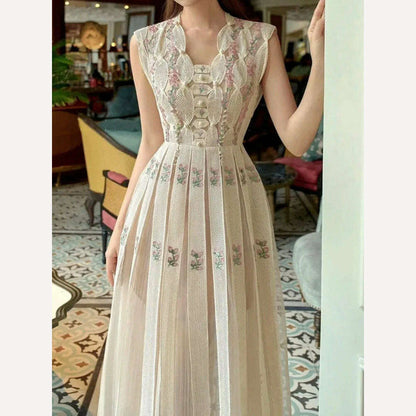 UCXQ High Quality Beautiful V-neck Sleeveless Sweet Floral Embroidery Luxury Women's Dress For Female 2024 Spring Aummer 23A6715
