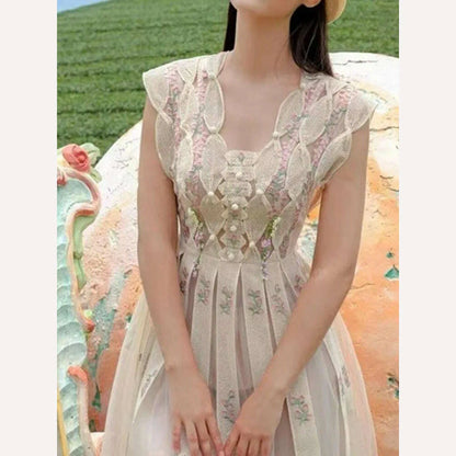 UCXQ High Quality Beautiful V-neck Sleeveless Sweet Floral Embroidery Luxury Women's Dress For Female 2024 Spring Aummer 23A6715