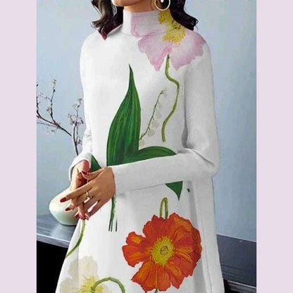 UOOZEE Women British Style High Neck Evening Midi Dresses 2025 New Autumn Flower Printed Long Sleeves Elegant A-line Dress