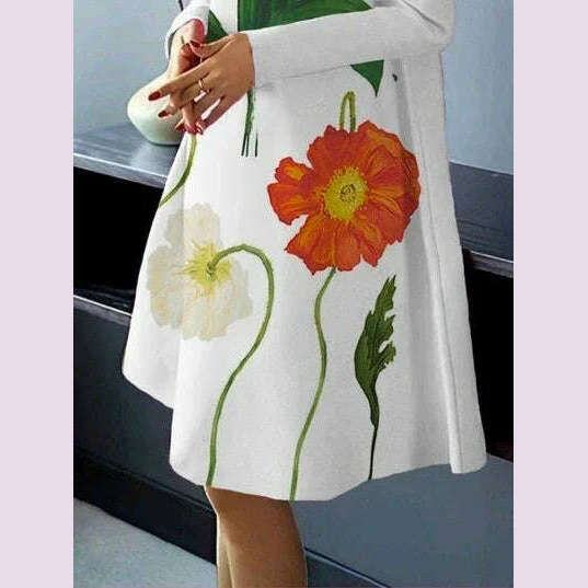 UOOZEE Women British Style High Neck Evening Midi Dresses 2025 New Autumn Flower Printed Long Sleeves Elegant A-line Dress