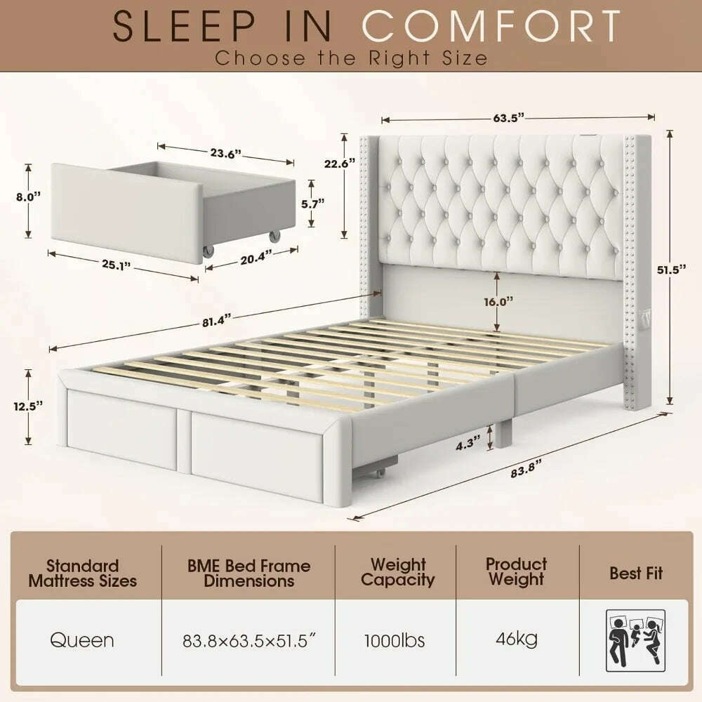 Upholstered Bed Frame Queen with Headboard and Storage, Tall Bed Frame with 2 Drawers, Tufted Wingback Bed Frame Queen Si