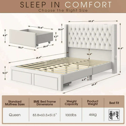 Upholstered Bed Frame Queen with Headboard and Storage, Tall Bed Frame with 2 Drawers, Tufted Wingback Bed Frame Queen Si