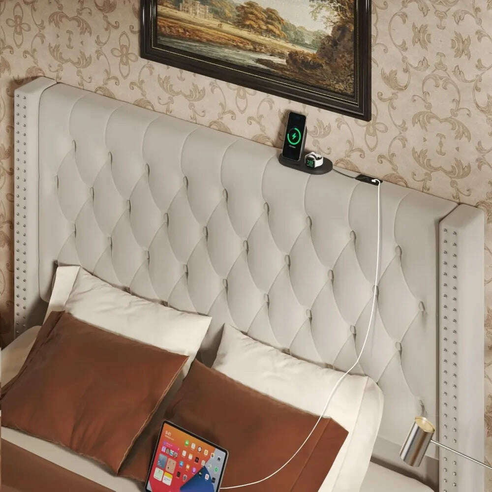 Upholstered Bed Frame Queen with Headboard and Storage, Tall Bed Frame with 2 Drawers, Tufted Wingback Bed Frame Queen Si
