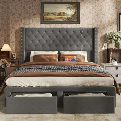 Upholstered Bed Frame Queen with Headboard and Storage, Tall Bed Frame with 2 Drawers, Tufted Wingback Bed Frame Queen Si