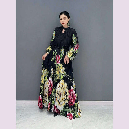 Vefadisa 2023 Autumn Casual Light Luxury Wind Pressure Pleated Waist Long Dress Fashion Printed Small Flower Personalized ZY1923