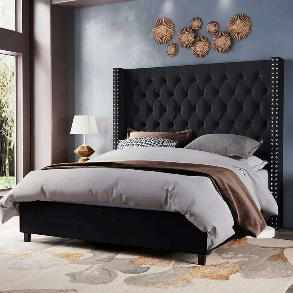 Velvet Upholstered Bed Frame Queen Size 61.4" Tall Headboard Queen Bed Frame Deep Button Tufted No Box Spring Needed,Bed Frames