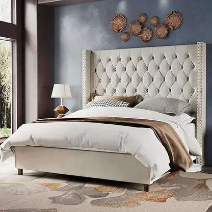 Velvet Upholstered Bed Frame Queen Size 61.4" Tall Headboard Queen Bed Frame Deep Button Tufted No Box Spring Needed,Bed Frames