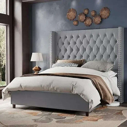 Velvet Upholstered Bed Frame Queen Size 61.4" Tall Headboard Queen Bed Frame Deep Button Tufted No Box Spring Needed,Bed Frames