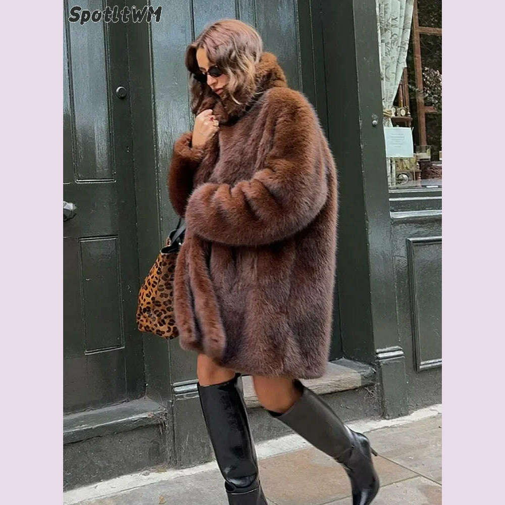 Vintage Brown Lapel Imitation Faux Fur Coat Fashion Long Sleeve Pocket Thicken Fluffy Wram Women's Jacket Lady Street Outerwear