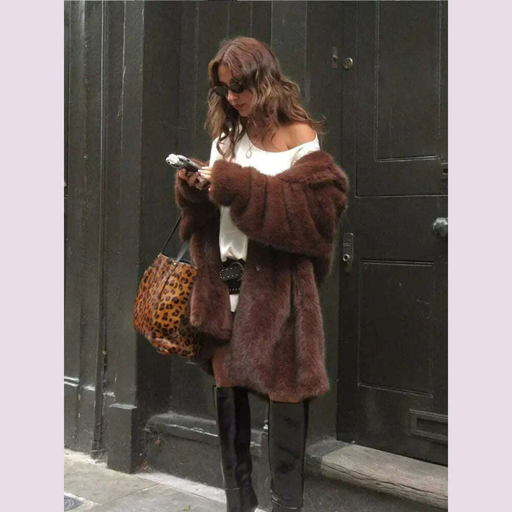Vintage Brown Lapel Imitation Faux Fur Coat Fashion Long Sleeve Pocket Thicken Fluffy Wram Women's Jacket Lady Street Outerwear