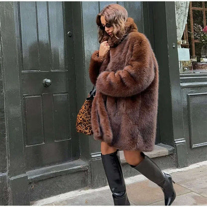 Vintage Brown Lapel Imitation Faux Fur Coat Fashion Long Sleeve Pocket Thicken Fluffy Wram Women's Jacket Lady Street Outerwear