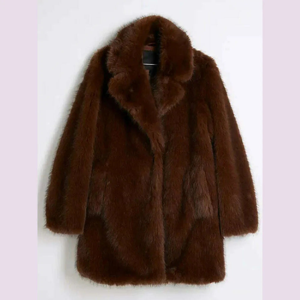 Vintage Brown Lapel Imitation Faux Fur Coat Fashion Long Sleeve Pocket Thicken Fluffy Wram Women's Jacket Lady Street Outerwear