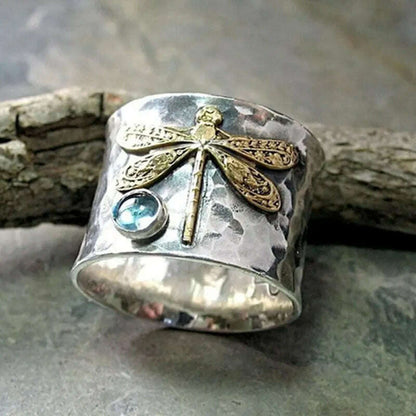 Vintage Dragonfly Rings for Women Fashion Acid Blue Crystal Women's Promise Ring Two-Tone Gold Plated Jewelry Accessories Gifts