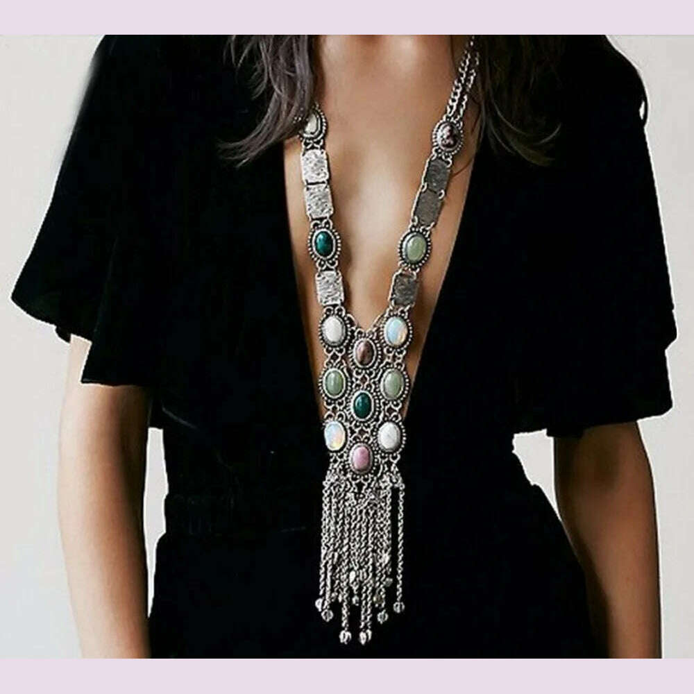 Vintage Long Chains Rhinestone Statement Necklaces For Women Tassel Pendant Drop Dangle Choker Necklace Bohemian Ethnic Jewelry