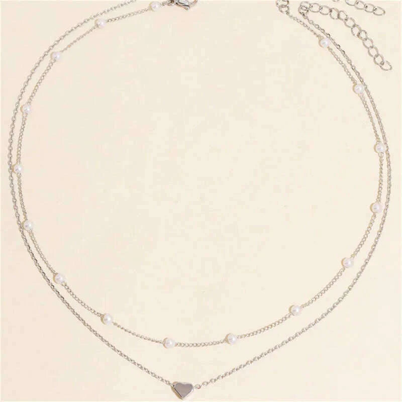 Vintage Pearl Choker Necklaces for Women Fashion Double layer Chain Small Love Heart Pendant Necklace Jewelry Gift Wholesale
