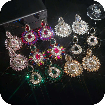 Vintage Rhinestone sunflower Statement Earrings Retro Big Cluster Crystal Drop Dangle Earrings for Women Girls