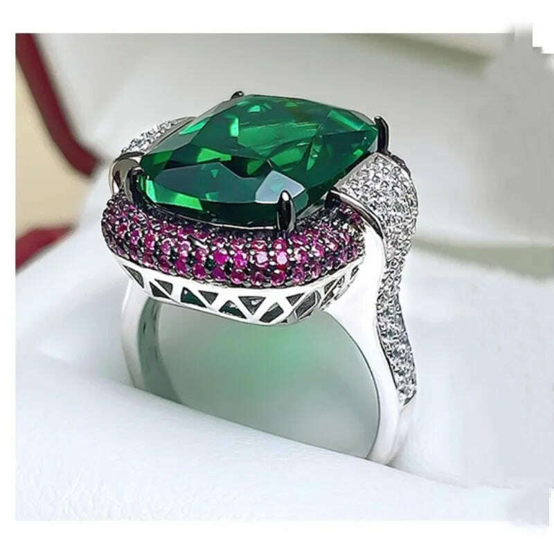 Vintage Silver Color 12*16MM Ruby Emerald Rings for Women Wedding Bands Gemstone Cocktail Party Jewelry Female Anniversary Gifts