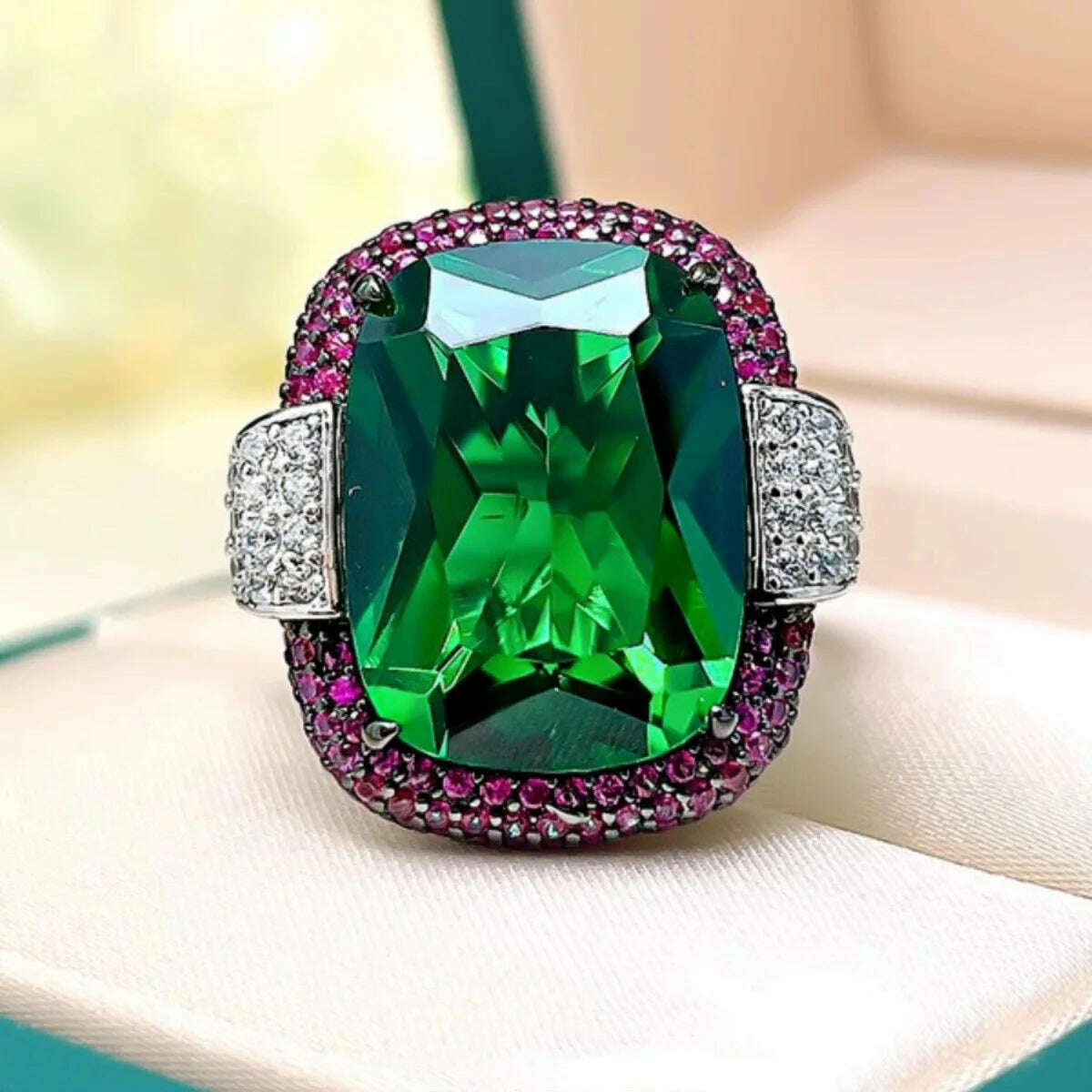 Vintage Silver Color 12*16MM Ruby Emerald Rings for Women Wedding Bands Gemstone Cocktail Party Jewelry Female Anniversary Gifts