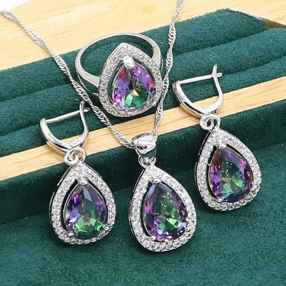 Water Drop  Rainbow Topaz 925 Silver Wedding Jewelry set for Women Party Bracelet Earrings Necklace pendant Ring