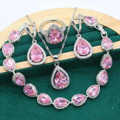 Water Drop  Rainbow Topaz 925 Silver Wedding Jewelry set for Women Party Bracelet Earrings Necklace pendant Ring