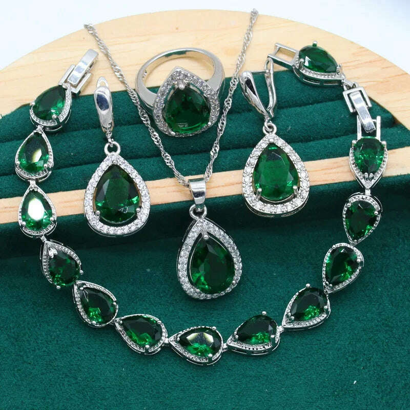 Water Drop  Rainbow Topaz 925 Silver Wedding Jewelry set for Women Party Bracelet Earrings Necklace pendant Ring
