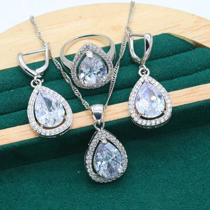 Water Drop  Rainbow Topaz 925 Silver Wedding Jewelry set for Women Party Bracelet Earrings Necklace pendant Ring