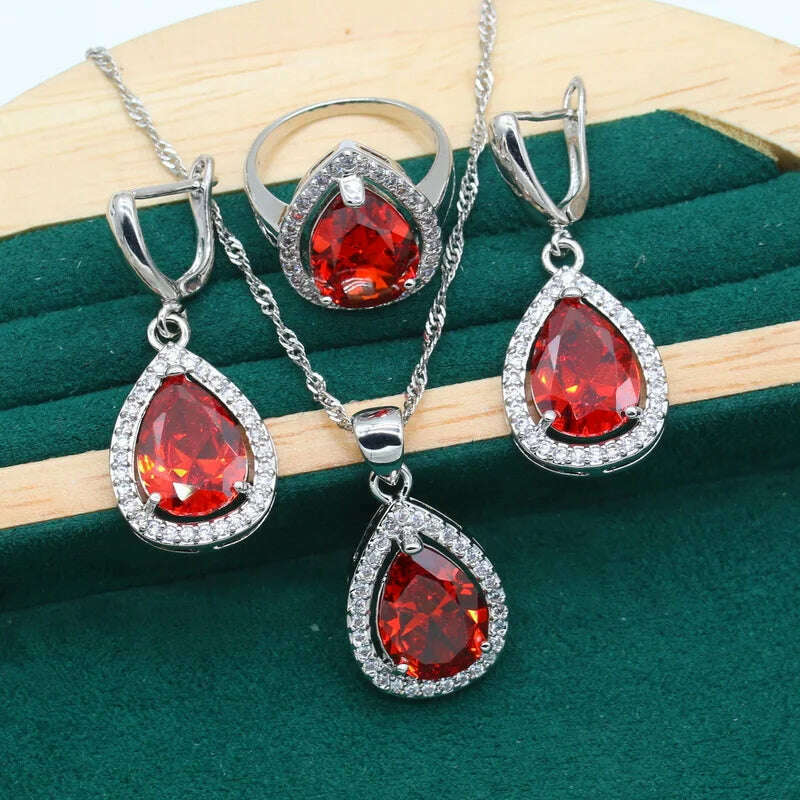 Water Drop  Rainbow Topaz 925 Silver Wedding Jewelry set for Women Party Bracelet Earrings Necklace pendant Ring