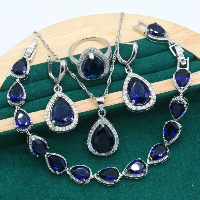 Water Drop  Rainbow Topaz 925 Silver Wedding Jewelry set for Women Party Bracelet Earrings Necklace pendant Ring