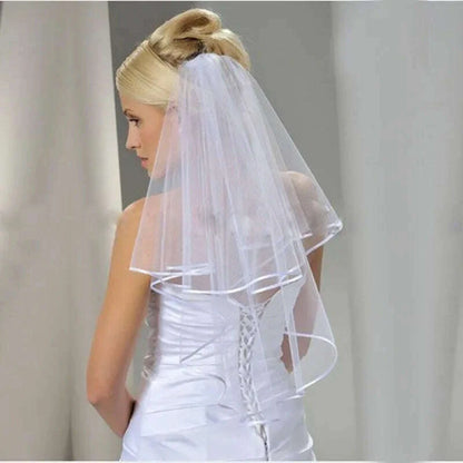 Wedding Simple Tulle White Ivory Two Layers Bridal Veils Ribbon Edge Cheap Bride Accessories 75cm Short Women Veil With Comb