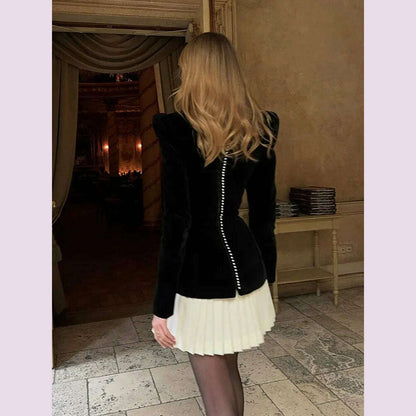White Pleated Hem Spliced Mini Dress Elegant Square Neck Long Sleeve High Waist Dresses 2024 Autumn women Chic Party Streetwear