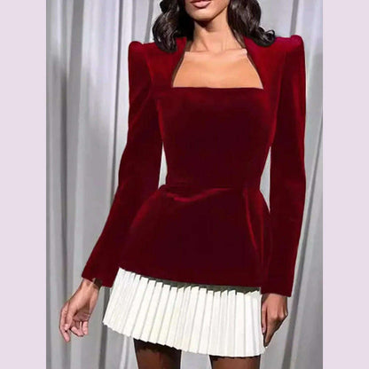 White Pleated Hem Spliced Mini Dress Elegant Square Neck Long Sleeve High Waist Dresses 2024 Autumn women Chic Party Streetwear