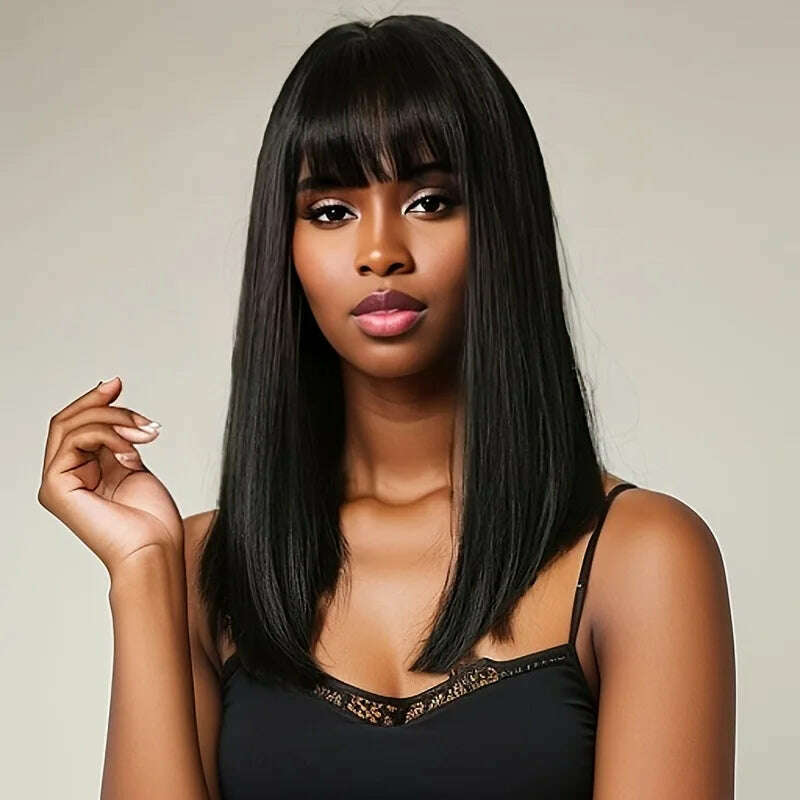 Wig female comic strip hair bangs medium long hair black chemical fiber high temperature silk mechanism head cover