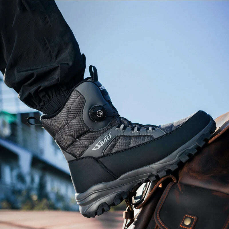 Winter Boots Men Outdoor Hiking Boots Rotating Button Snow Boots Warm Fur Plush Winter Men Shoes Waterproof Ankle Shoes Male
