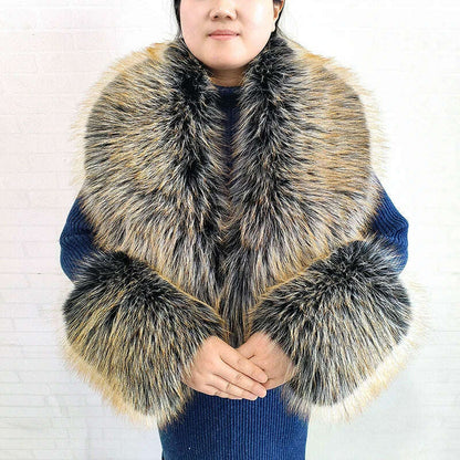 Winter Faux Fur Collar Cuffs Set Women Fluffy Large Shawl Coat Accessories Warm Fashion Fake Fox Fur Scarf Furry Scarves Female