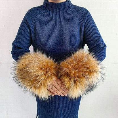 Winter Faux Fur Collar Cuffs Set Women Fluffy Large Shawl Coat Accessories Warm Fashion Fake Fox Fur Scarf Furry Scarves Female