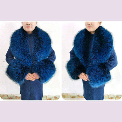 Winter Faux Fur Collar Cuffs Set Women Fluffy Large Shawl Coat Accessories Warm Fashion Fake Fox Fur Scarf Furry Scarves Female