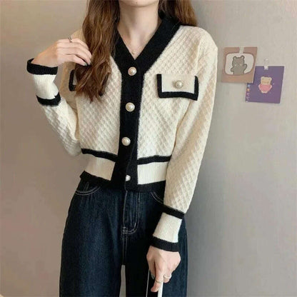 woman sweater cardigan autumn/winter knitting V-neck long lantern sleeve color splicing woman's clothing dropshipping AYX588