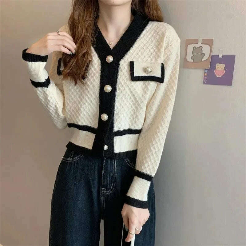 woman sweater cardigan autumn/winter knitting V-neck long lantern sleeve color splicing woman's clothing dropshipping AYX588